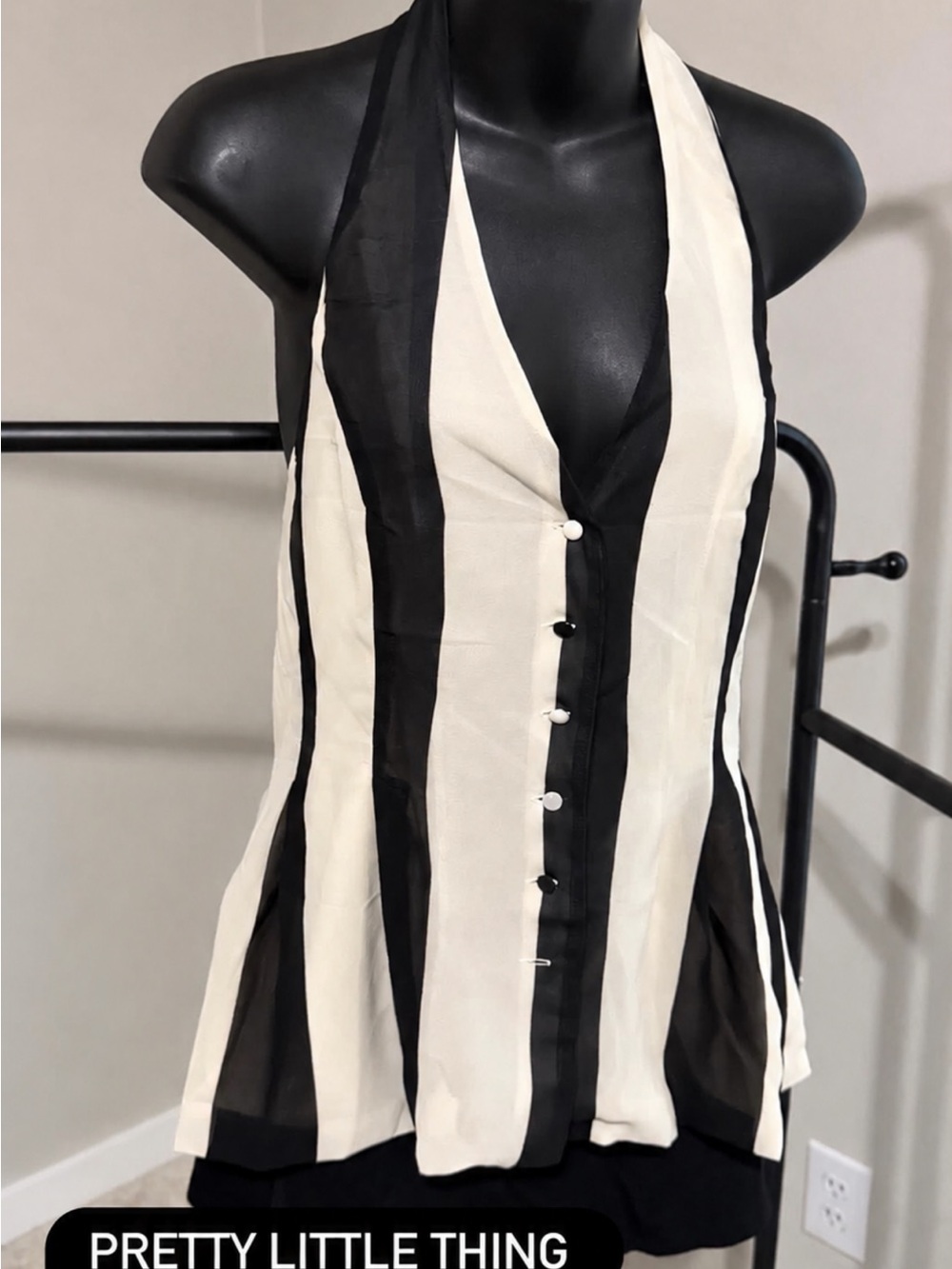 PrettyLittleThing Black and White Vertical Stripe One-Shoulder Halter Dress